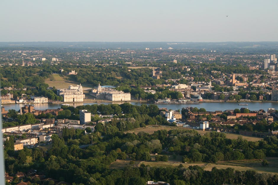 A panoramic view of a cityscape showing a variety of buildings including historic structures with domed rooftops and modern high-rise offices under a partly cloudy sky. In the foreground, bare tree br